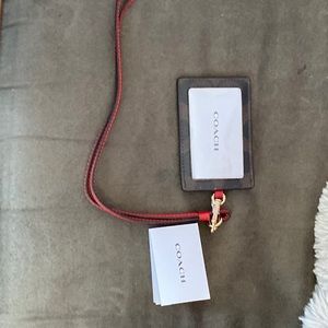 Coach ID Lanyard name tag Leather brown and red. NWT